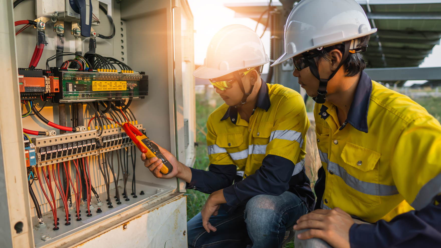 Two electricians in hi-vis and white hard hats crouched at an open outdoor control panel, one testing a terminal with a meter